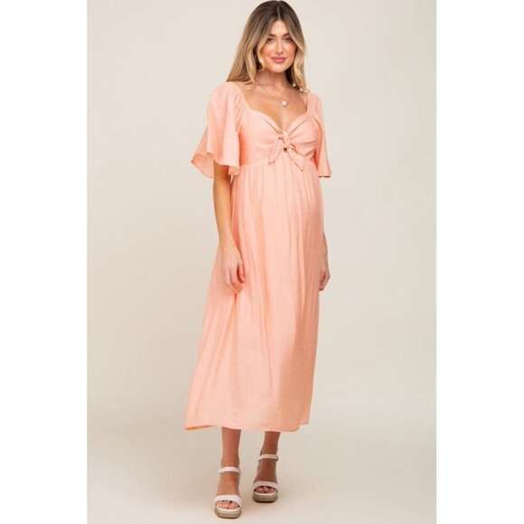 Chic Peach Midi Maternity Dress with Bow Detail - Pink Blush Maternity - Picture 1 of 12